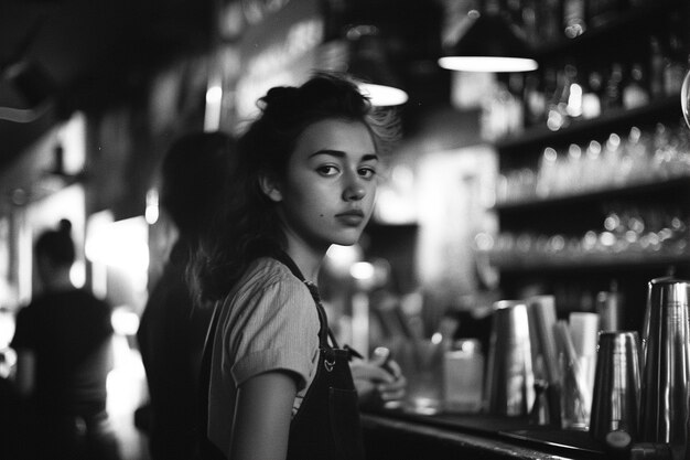 Celebration of labour day with monochrome view of woman working as a barista