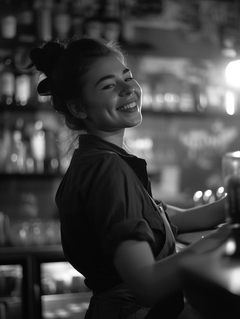 Celebration of labour day with monochrome view of woman working as a barista