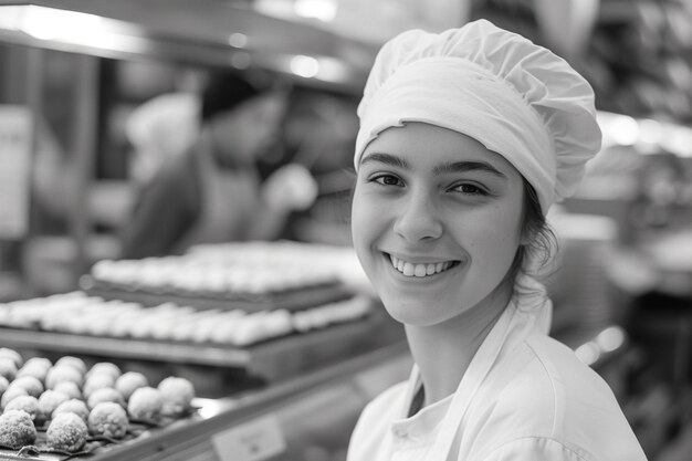 Celebration of labour day with monochrome view of woman working as a chef