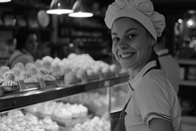 Celebration of labour day with monochrome view of woman working as a chef