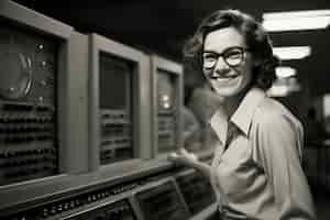 Free photo celebration of labour day with monochrome view of woman working as a computer engineer