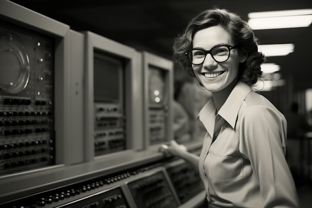 Free Photo celebration of labour day with monochrome view of woman working as a computer engineer