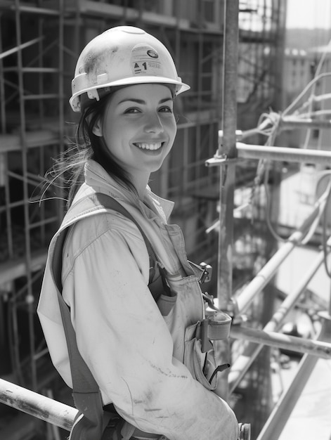 Celebration of labour day with monochrome view of woman working as an engineer