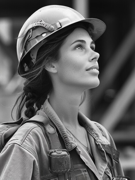 Celebration of labour day with monochrome view of woman working as an engineer