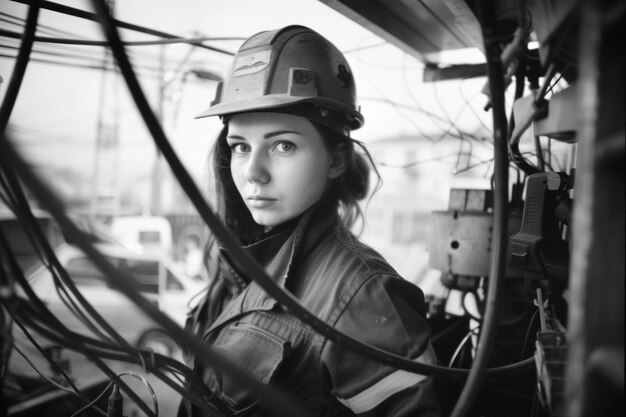 Celebration of labour day with monochrome view of woman working as an engineer