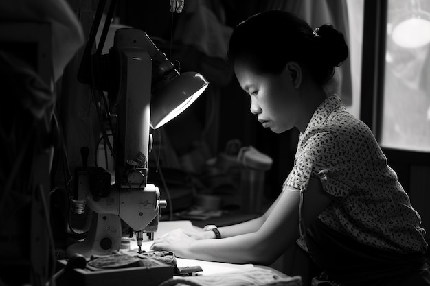 Celebration of labour day with monochrome view of woman working as a seamstress