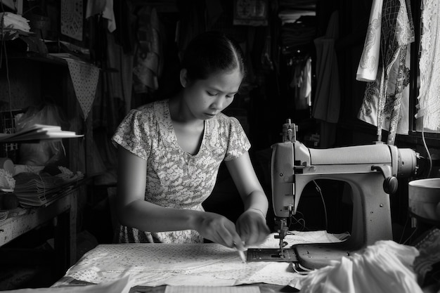 Celebration of labour day with monochrome view of woman working as a seamstress