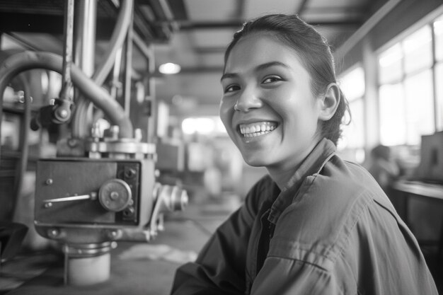 Celebration of labour day with monochrome view of woman working at her job