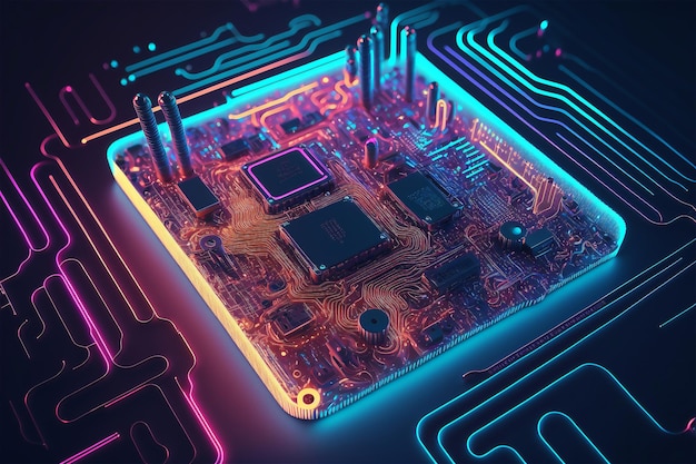 Central computer processor with neon lights integrated microchip circuit board for server