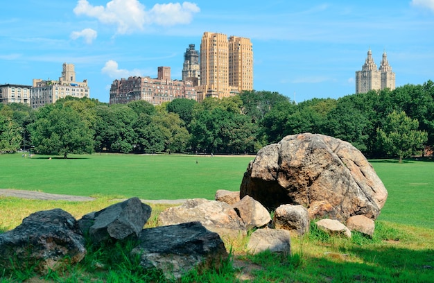 Central Park Spring with skyline in midtown Manhattan New York City