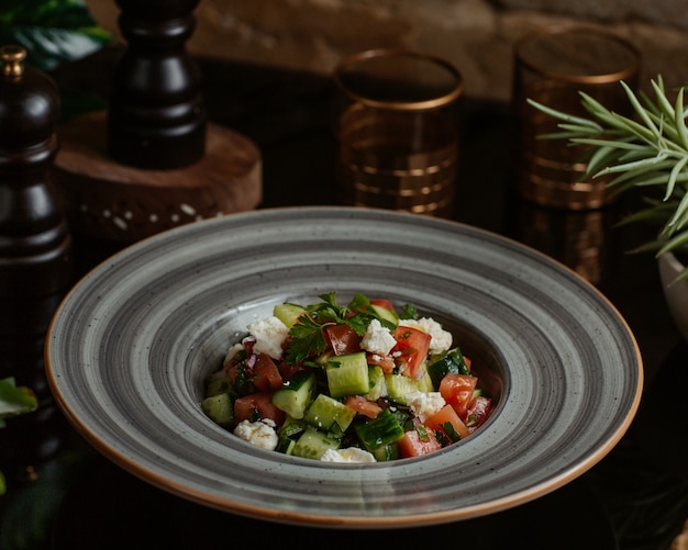 A ceramic plate of square cut vegetables and herbs salad