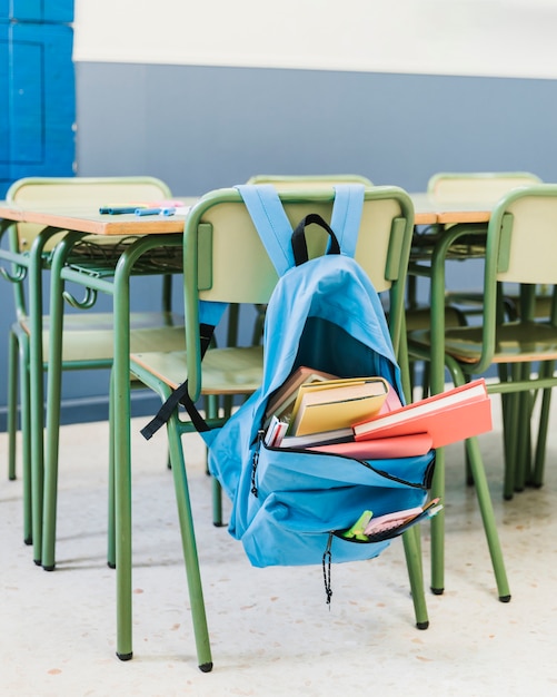 Chair with backpack in school