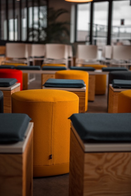 Chairs with blue and orange pillows