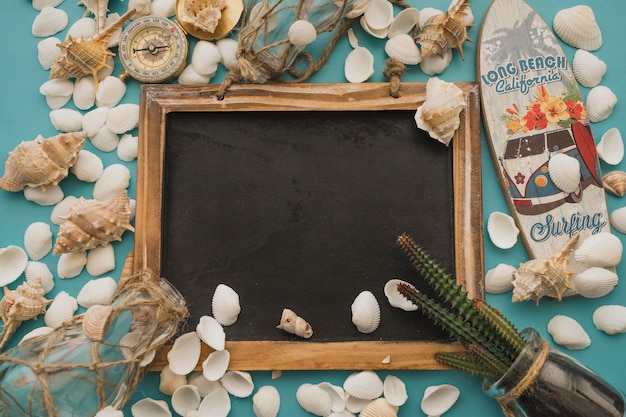 Free Photo chalkboard and marine elements with cactus