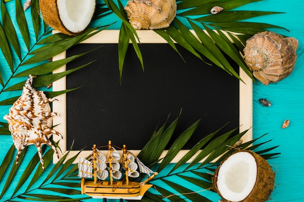 Free photo chalkboard with plant leaves and coconuts near seashells