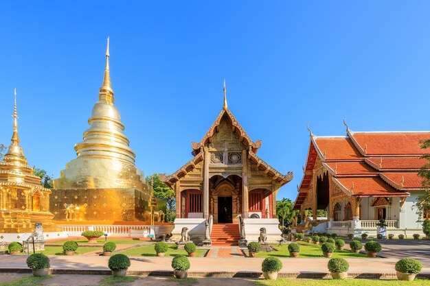 Chapel and golden pagoda at Wat Phra Singh Woramahawihan in Chiang Mai North of Thailand