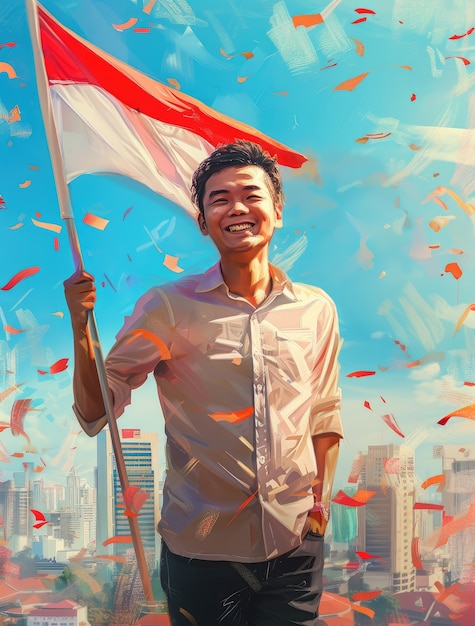 Free photo character with an indonesian flag