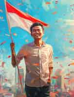 Free photo character with an indonesian flag