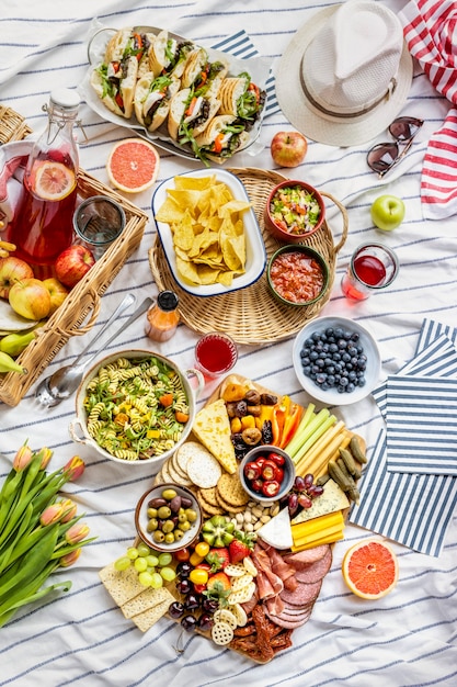 Free photo charcuterie board with cold cuts, fresh fruits and cheese on a picnic cloth