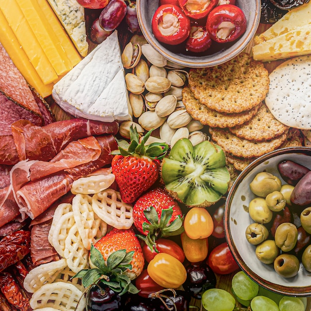 Free photo charcuterie board with cold cuts, fresh fruits and cheese