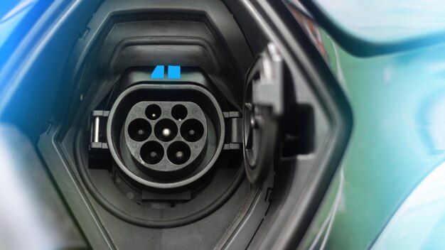 Charging socket of an electric car with blue light