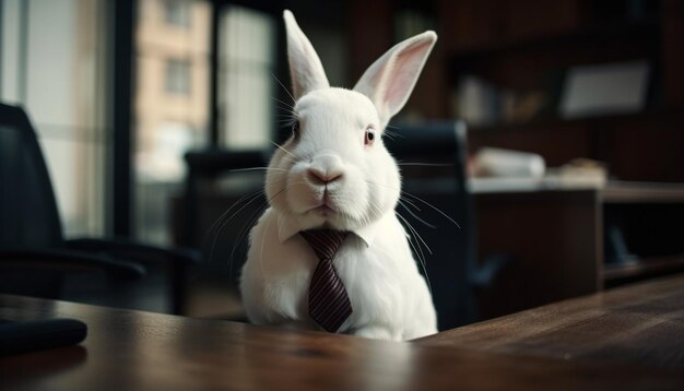 Charming baby rabbit sitting on wood table generated by AI