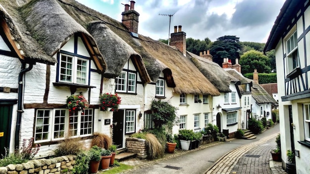 Free photo charming row of white cottages with thatched roofs