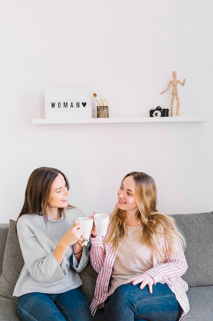 Free photo charming women clinking mugs on couch