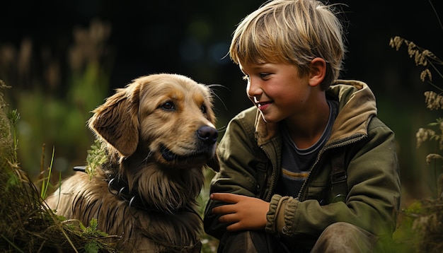 Free photo a cheerful child playing with a cute dog in nature generated by artificial intelligence