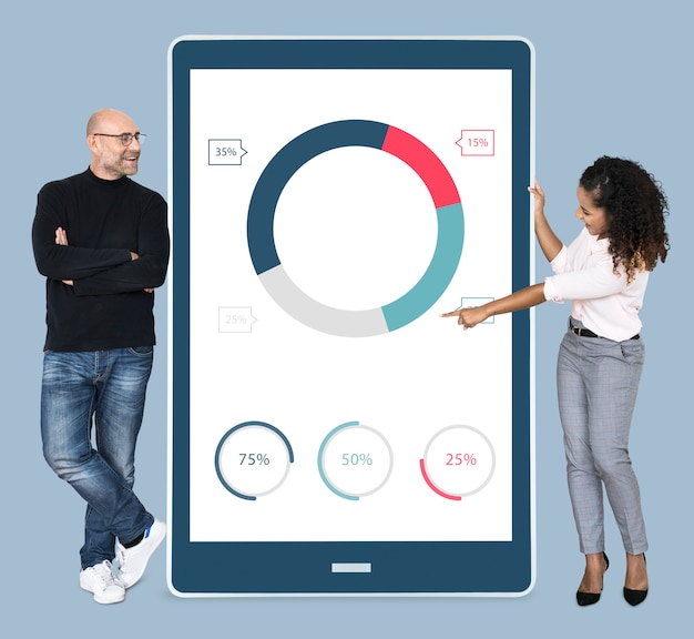 Free photo cheerful diverse people showing pie chart on a tablet