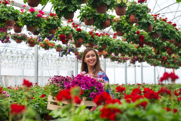 Cheerful female florist carrying crate with flowers in plant nursery garden greenhouse