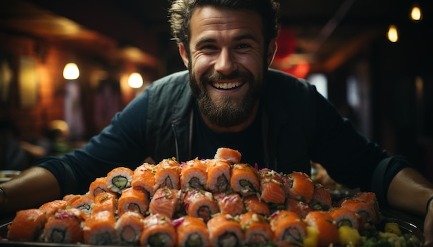 Free photo a cheerful man holding a plate of gourmet seafood smiling generated by artificial intelligence