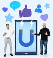 Free photo cheerful men with attracting social media like thumbs up icons