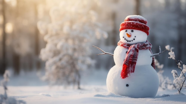 Free Photo a cheerful snowman adorned with a scarf and hat stands in a snowy expanse