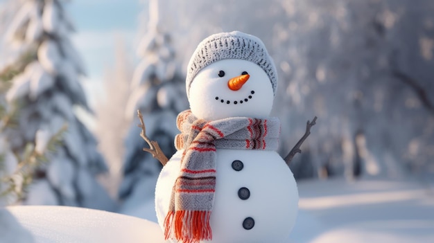 Free photo a cheerful snowman adorned with a scarf and hat stands in a snowy expanse