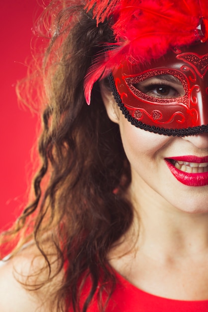 Free Photo cheerful woman in red mask