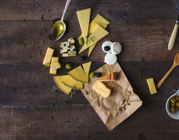 Cheese set on wooden board