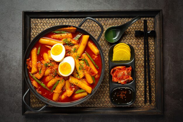 Cheesy Tokbokki korean traditional food on black board background. Lunch dish.