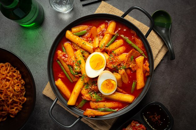 Cheesy Tokbokki korean traditional food on black board background. Lunch dish.