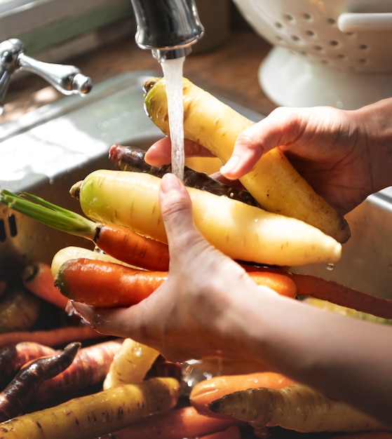 Free photo chef cleaning carrots and turnips in the sink