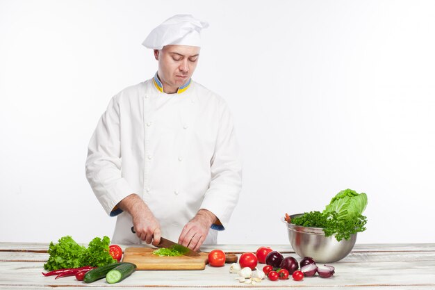 Chef cooking fresh vegetable salad in his kitchen