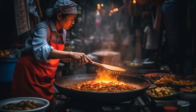 Free photo chef preparing fresh chinese meal in commercial kitchen generated by ai