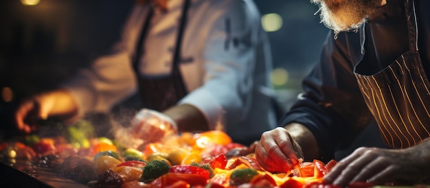 Chefs demonstrating cooking skills in a contest