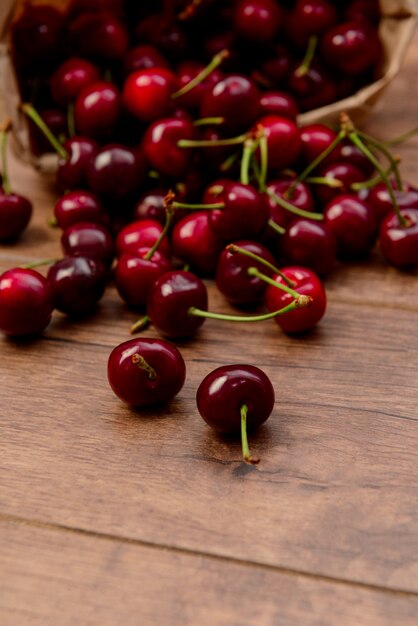 Cherries on wooden table