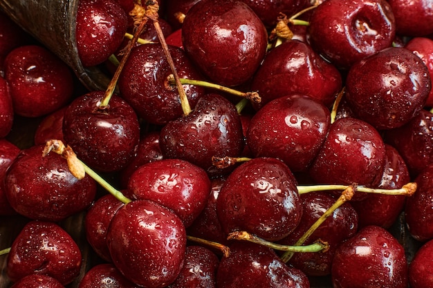 Free photo cherry in drops of water close-up. arrangement of berries for the background. fresh harvest of juicy cherries, pie or juice ingredient