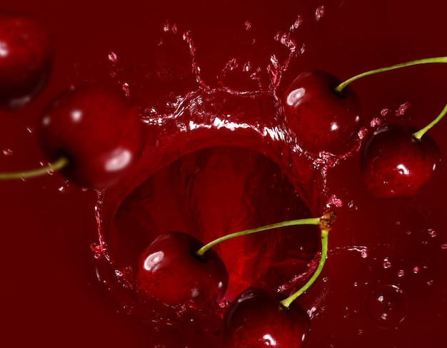 Cherry falling into the lot of juice