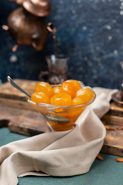 Chestnut confiture on the beige tablecloth