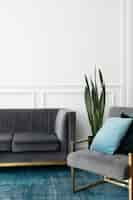 Free photo chic mid-century modern luxury aesthetics living room with gray velvet couch and blue rug