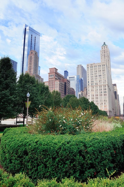 Free photo chicago city downtown urban skyline with skyscrapers and cloudy blue sky over park.