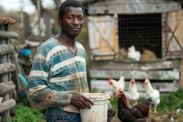 Chicken farm scene with poultry and people